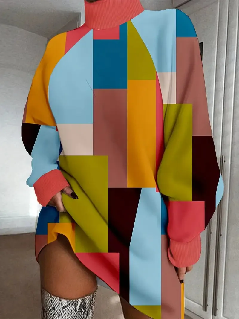 BerryBetty - Color Block Casual High Neck Long Sleeve Mini Dress
