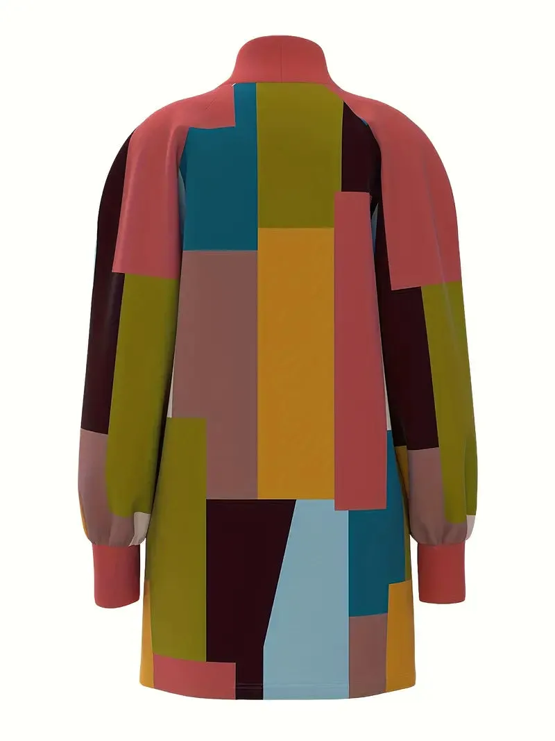 BerryBetty - Color Block Casual High Neck Long Sleeve Mini Dress