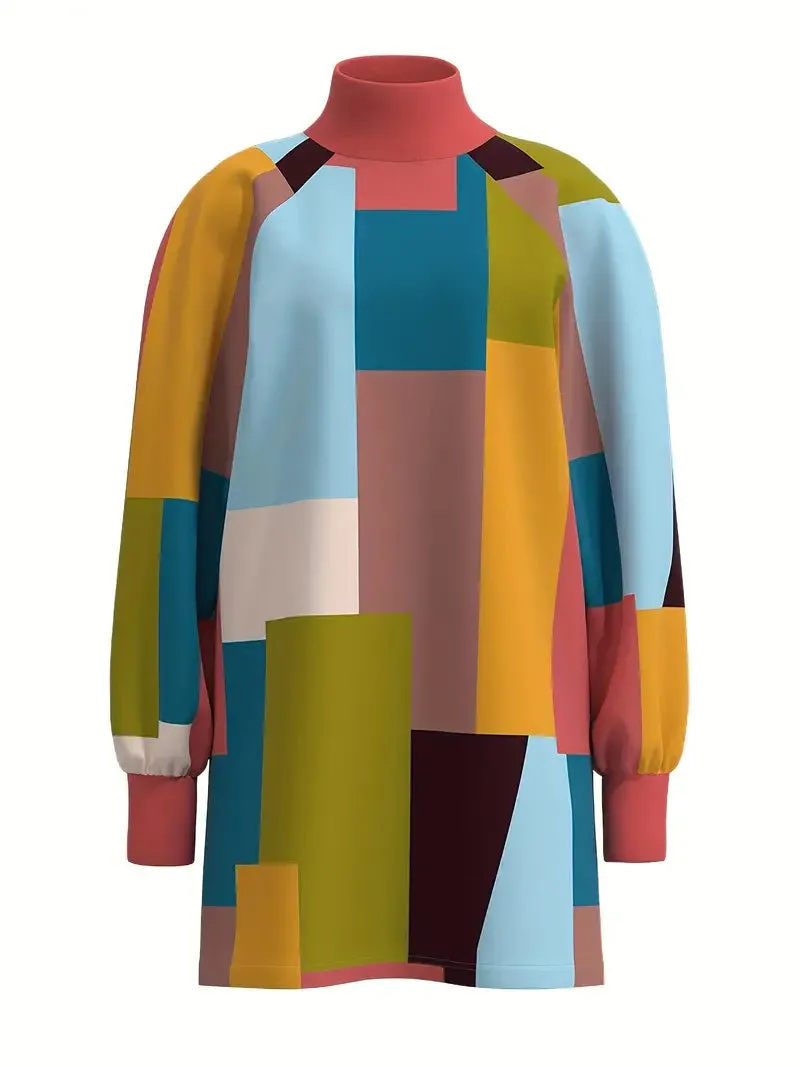 BerryBetty - Color Block Casual High Neck Long Sleeve Mini Dress