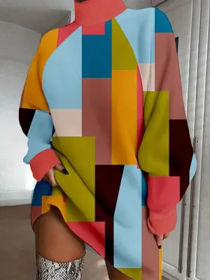 BerryBetty - Color Block Casual High Neck Long Sleeve Mini Dress