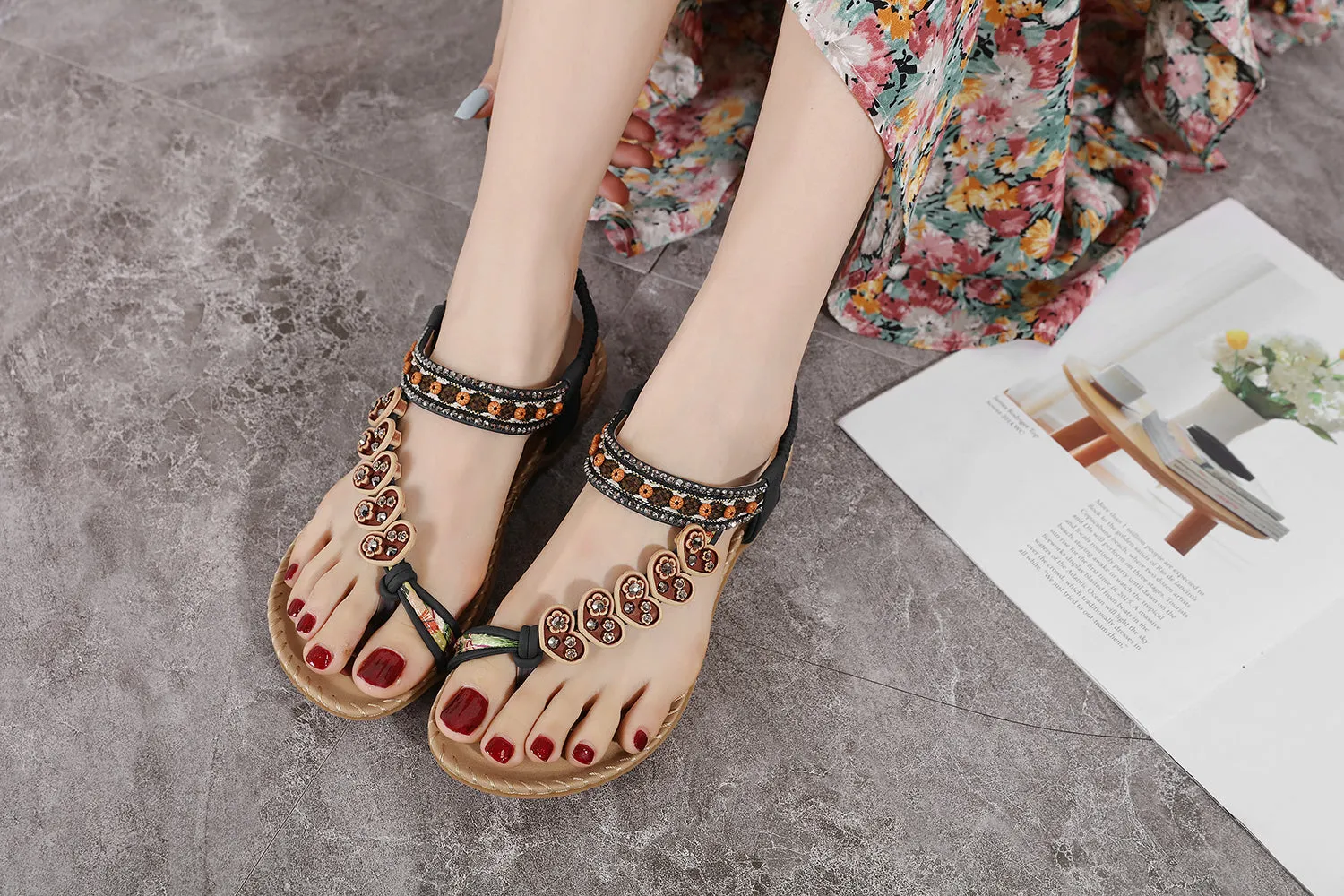 Black Heart Trimed Boho Slide Flat Sandals - Siketu