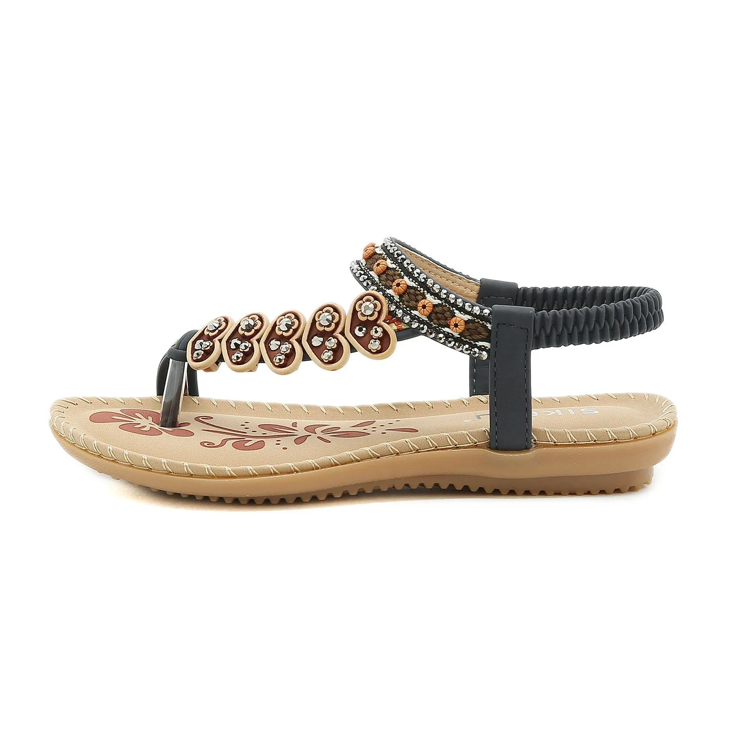 Black Heart Trimed Boho Slide Flat Sandals - Siketu