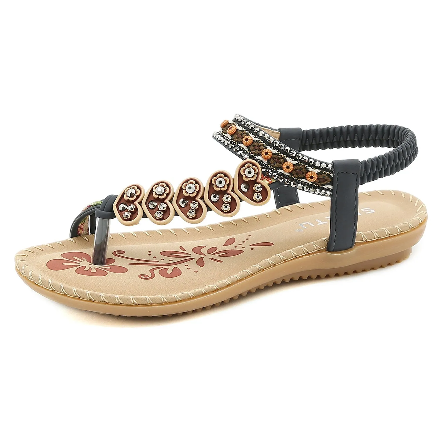 Black Heart Trimed Boho Slide Flat Sandals - Siketu