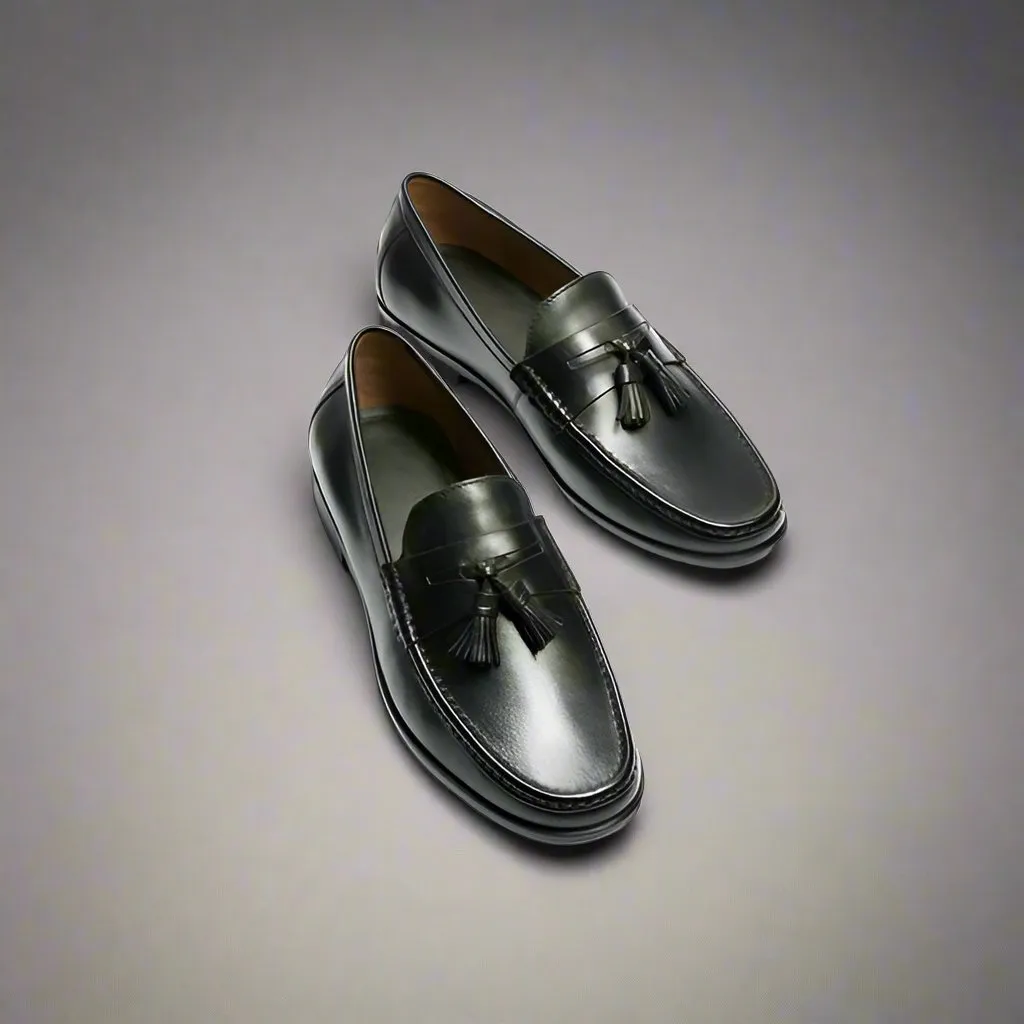 Black Italian Leather Lysandra Tassel Loafers - Loafers Shoes
