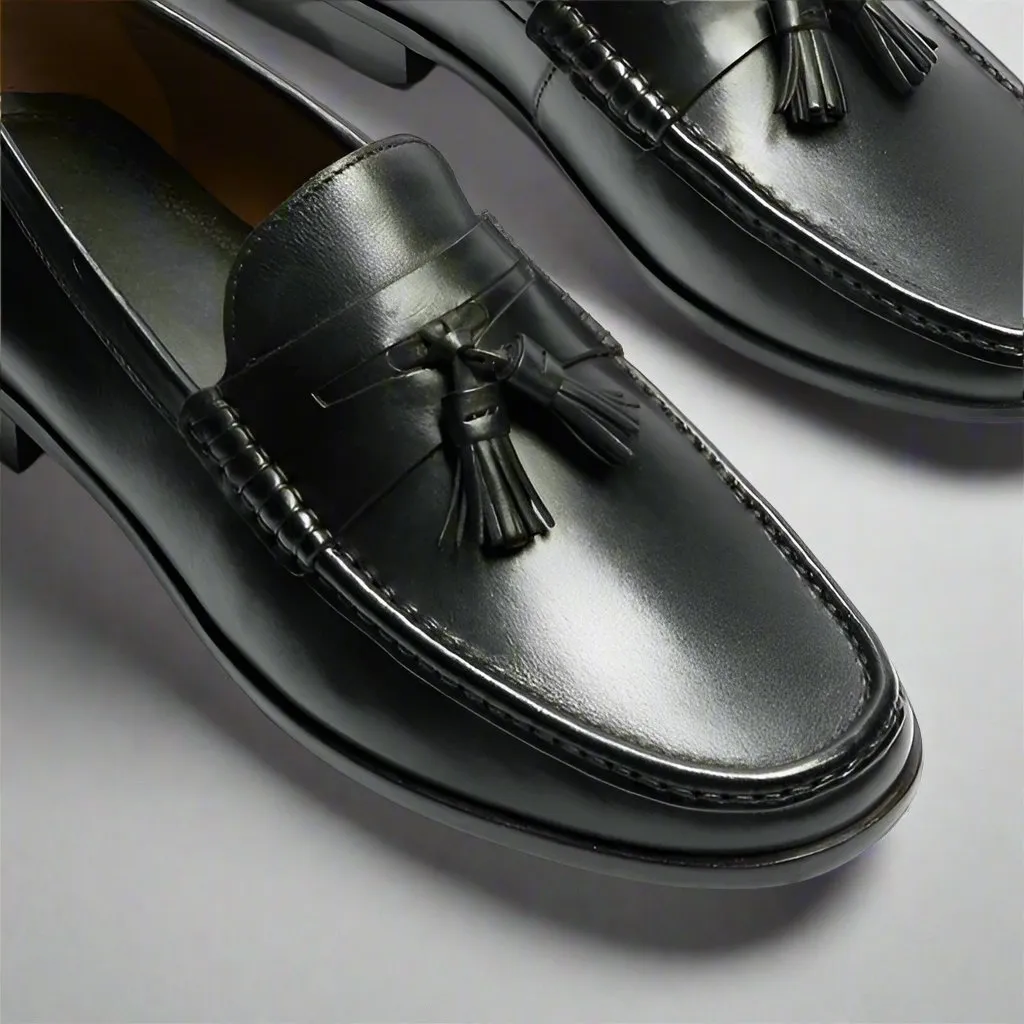 Black Italian Leather Lysandra Tassel Loafers - Loafers Shoes