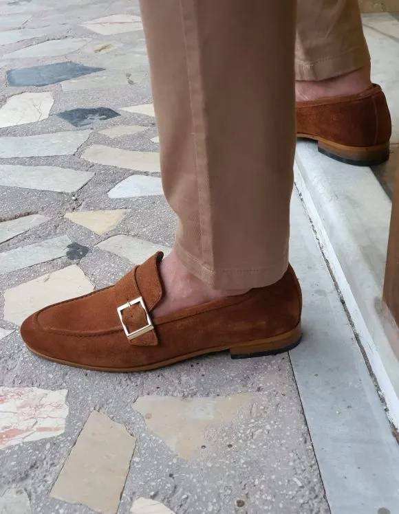 Brown Suede Side Buckle Loafers