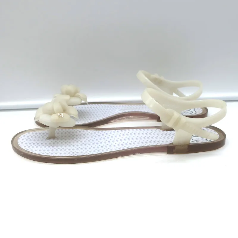 Chanel Camellia Thong Ankle Strap Jelly Sandals Cream Size 41