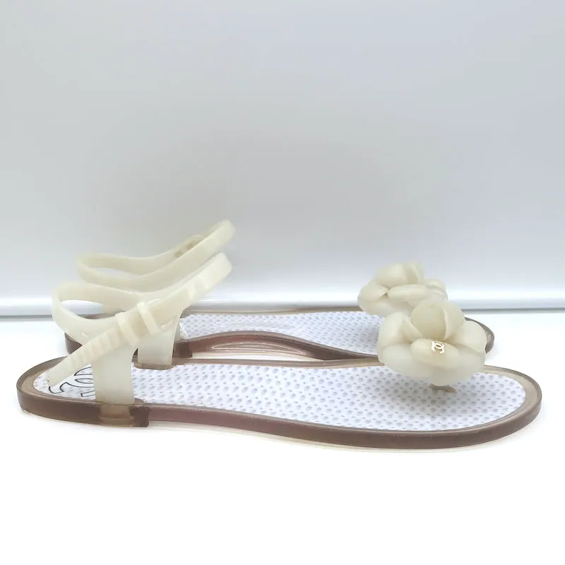 Chanel Camellia Thong Ankle Strap Jelly Sandals Cream Size 41