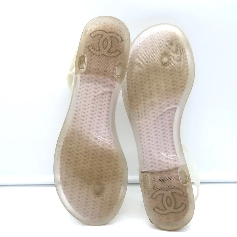 Chanel Camellia Thong Ankle Strap Jelly Sandals Cream Size 41