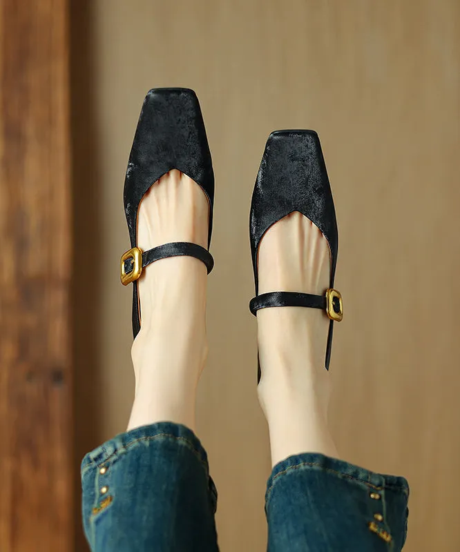 Chinese Style Splicing Buckle Strap Chunky Penny Loafers Black Cowhide Leather