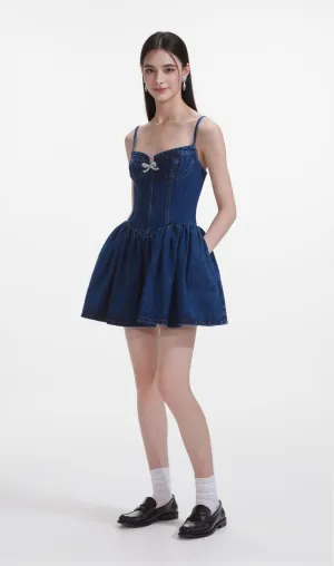 Denim Diamante Bow Sweetheart Mini Dress