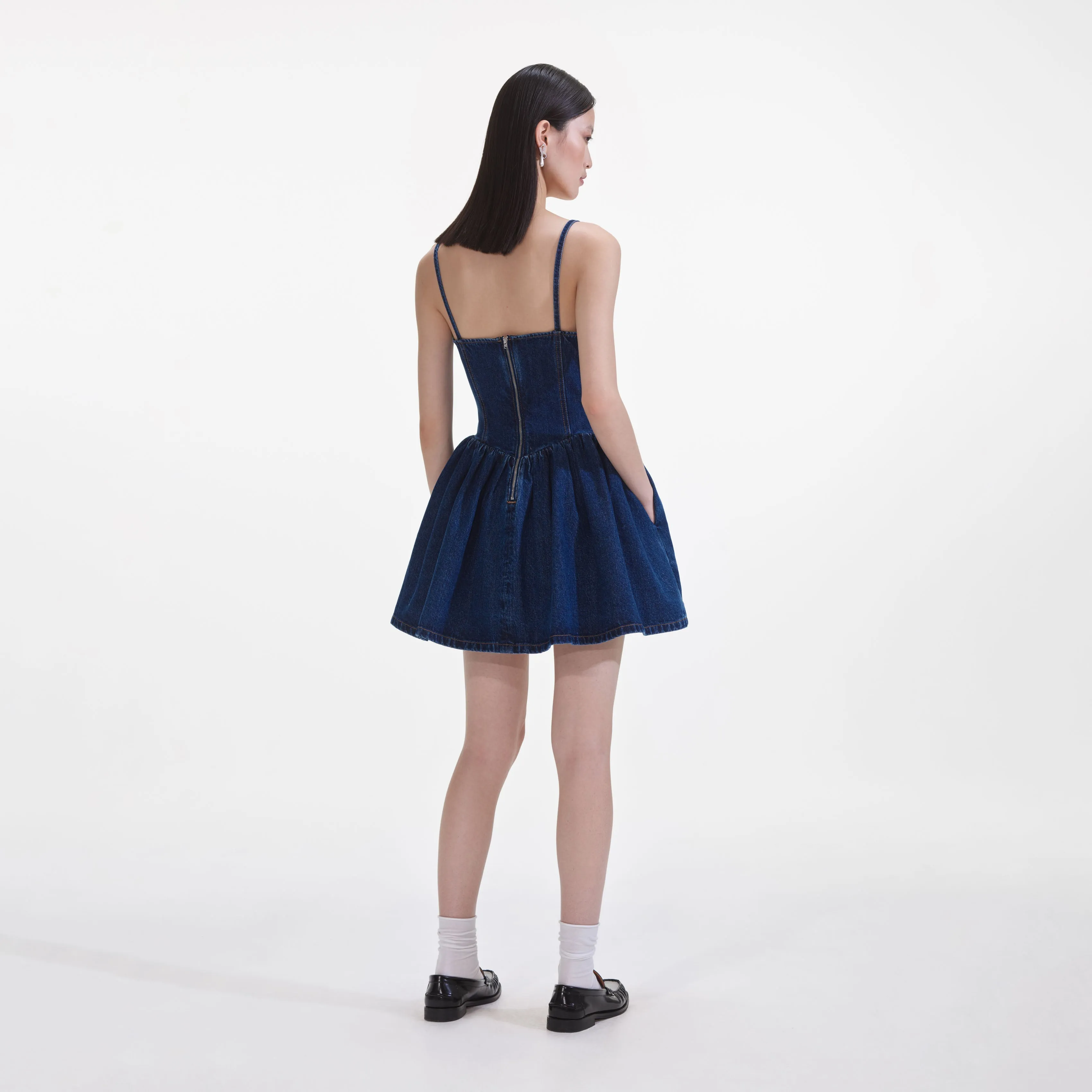 Denim Diamante Bow Sweetheart Mini Dress