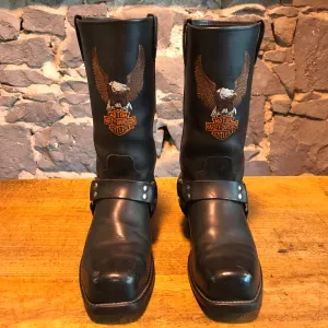Harley Davidson Vintage Mens Black Embroidered Iconic Logo Motorcycle Boots USA Size 9