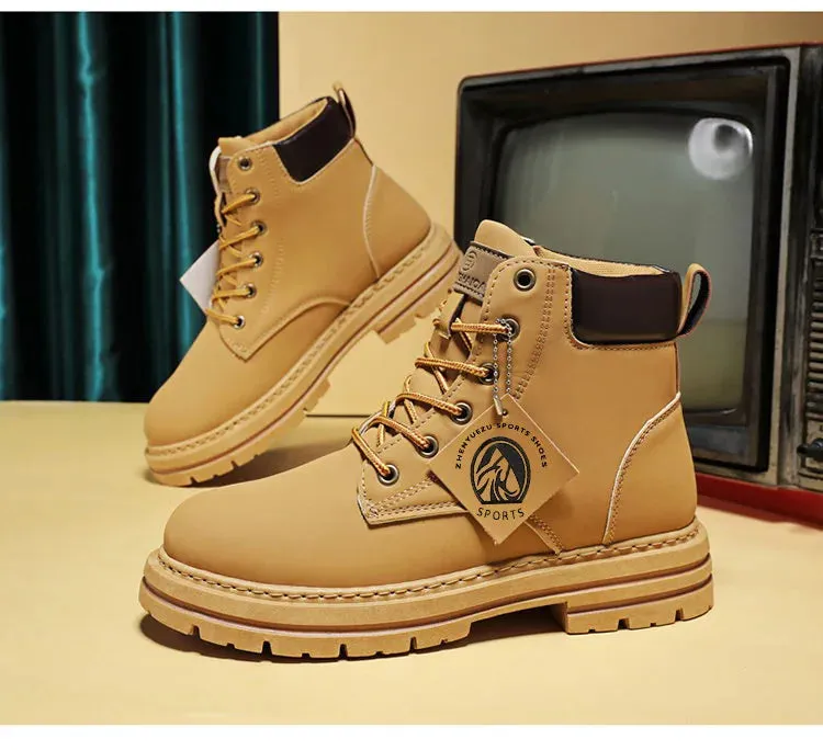 High Top Boots – Leather Shoes Fashion Motorcycle Ankle Boots for Men, Winter Boots, Lace-Up Man Shoes