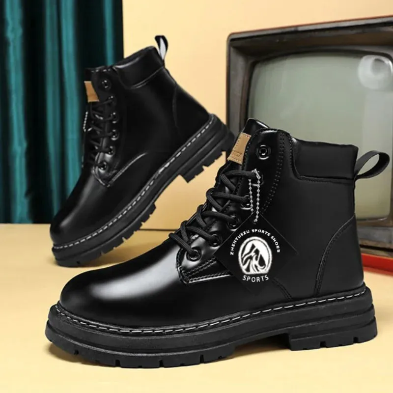 High Top Boots – Leather Shoes Fashion Motorcycle Ankle Boots for Men, Winter Boots, Lace-Up Man Shoes