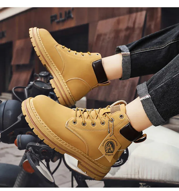 High Top Boots – Leather Shoes Fashion Motorcycle Ankle Boots for Men, Winter Boots, Lace-Up Man Shoes