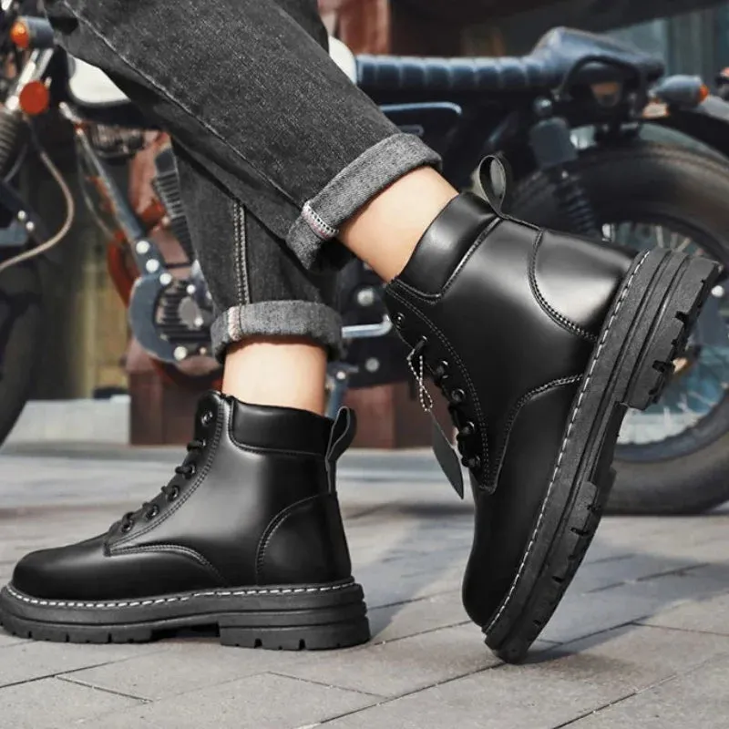 High Top Boots – Leather Shoes Fashion Motorcycle Ankle Boots for Men, Winter Boots, Lace-Up Man Shoes