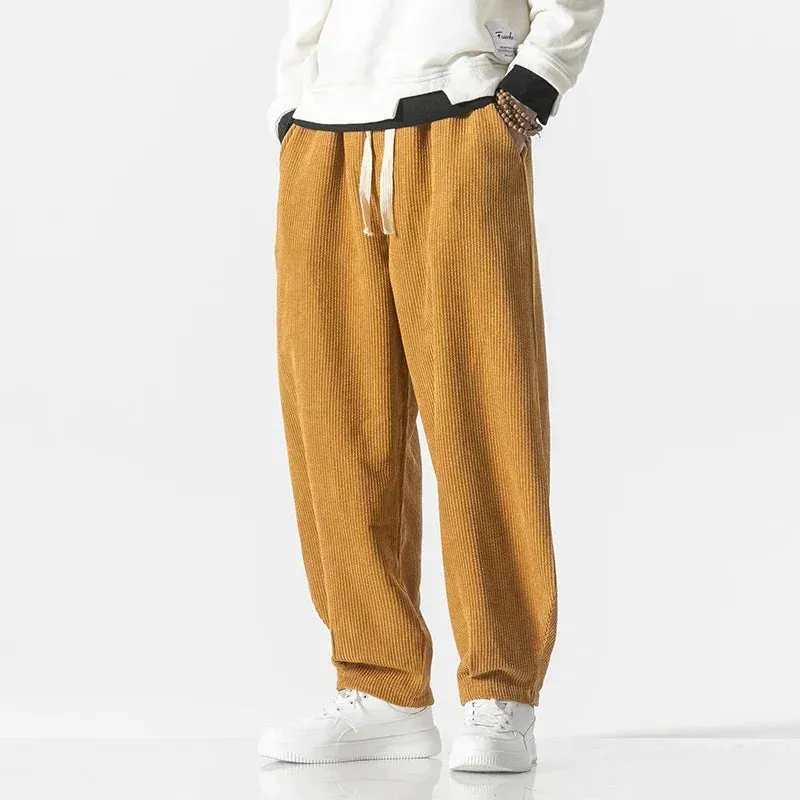 Men's Casual Drawstring Sweatpants - Anti-Wrinkle Corduroy Loose Trousers with Japanese Street Retro Style