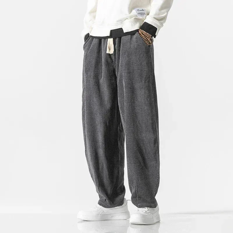 Men's Casual Drawstring Sweatpants - Anti-Wrinkle Corduroy Loose Trousers with Japanese Street Retro Style