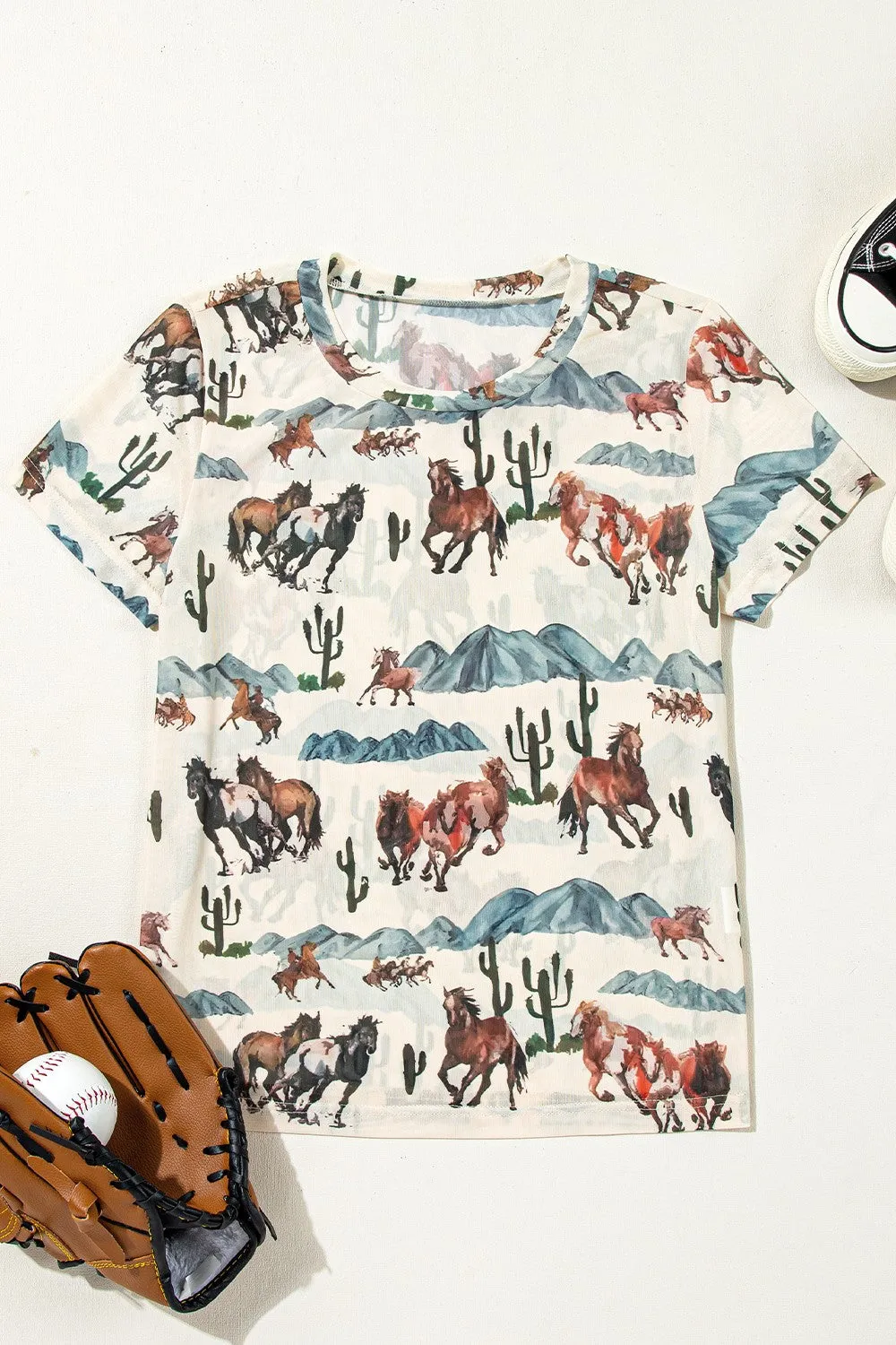 Mustang River Tee – Wild Horse Western Mesh Print Top