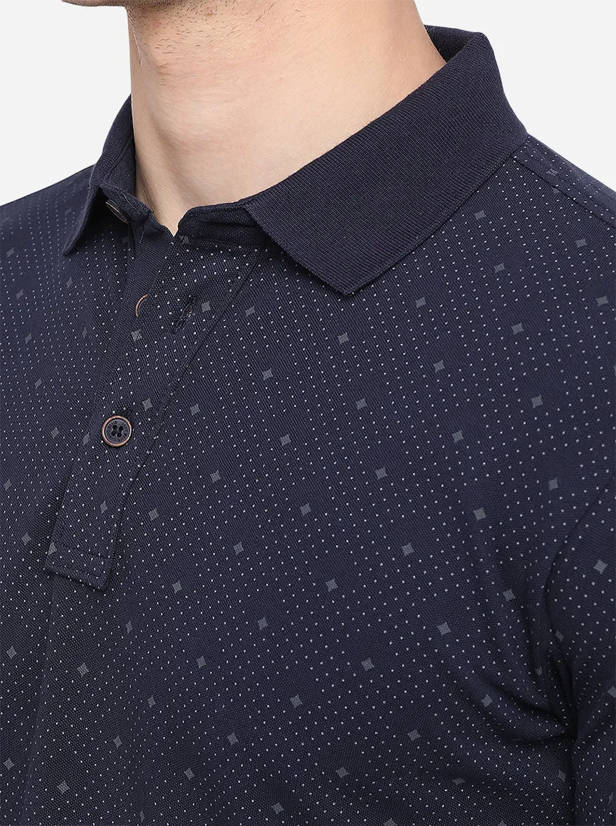 Navy Blue Printed Slim Fit Polo T-Shirt | JadeBlue