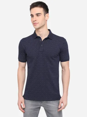 Navy Blue Printed Slim Fit Polo T-Shirt | JadeBlue