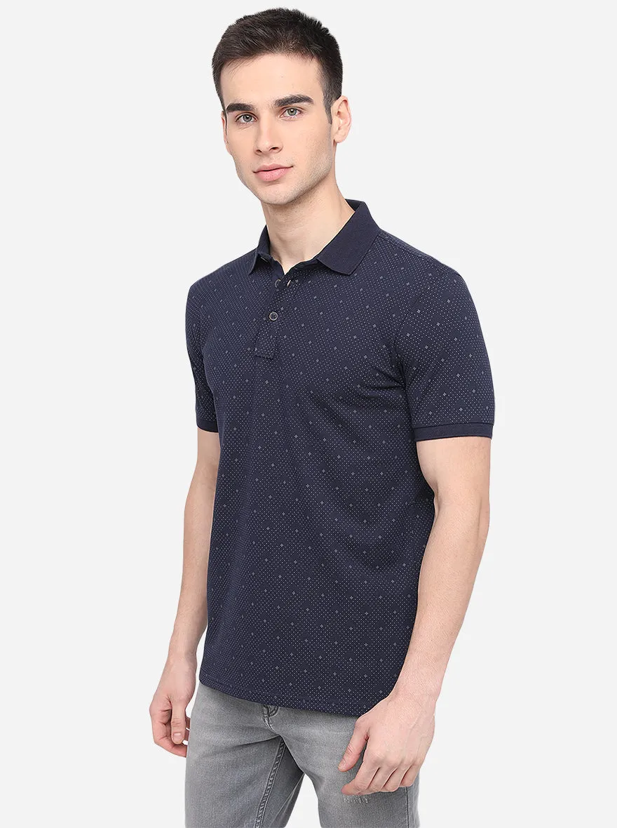 Navy Blue Printed Slim Fit Polo T-Shirt | JadeBlue