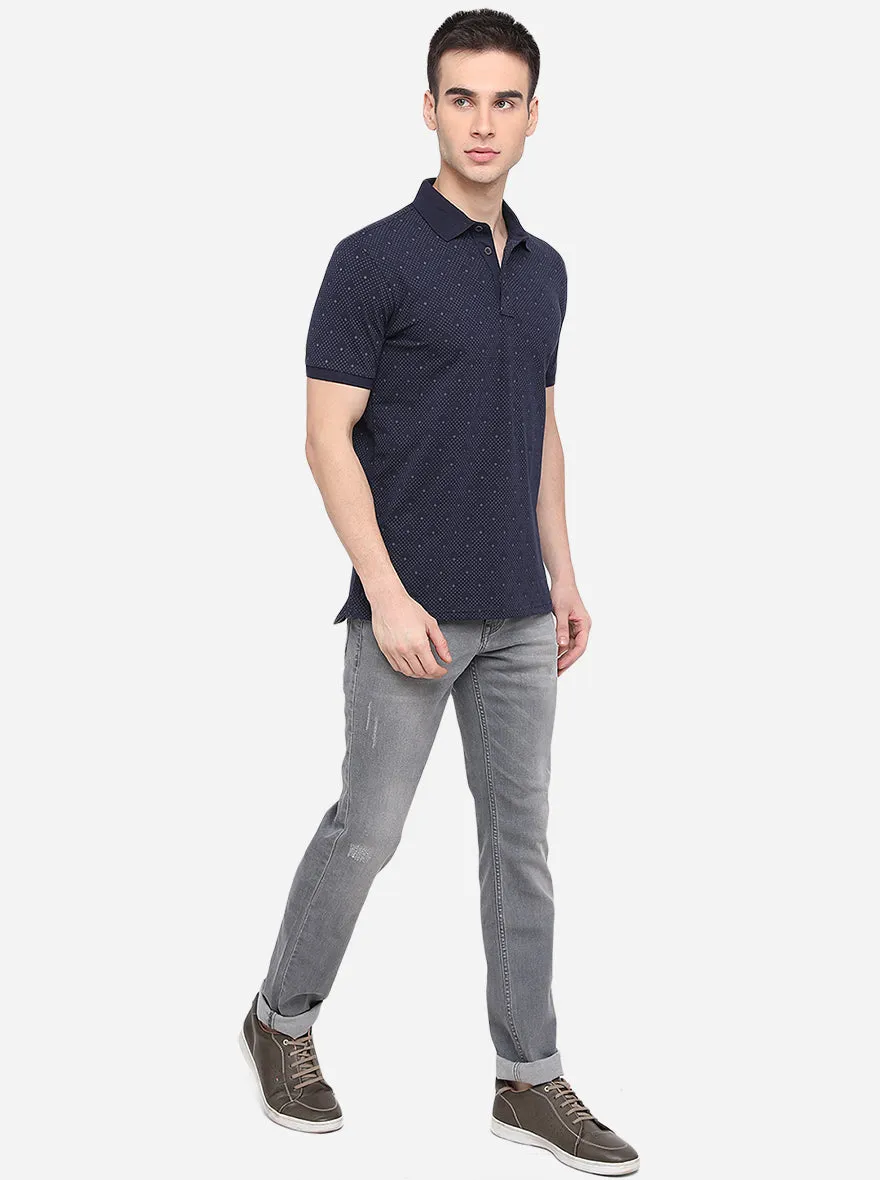 Navy Blue Printed Slim Fit Polo T-Shirt | JadeBlue