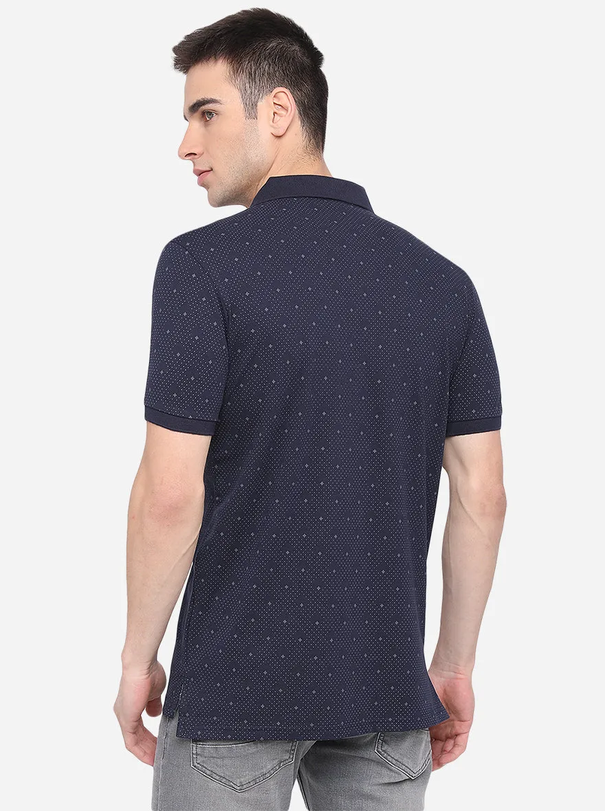 Navy Blue Printed Slim Fit Polo T-Shirt | JadeBlue