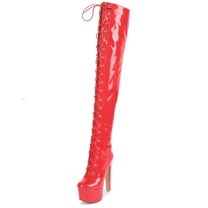 Punk Style Patent Leather Over the Knee Boots with Spike Heels for Women - Lace-up Sexy Pole Dance Shoes