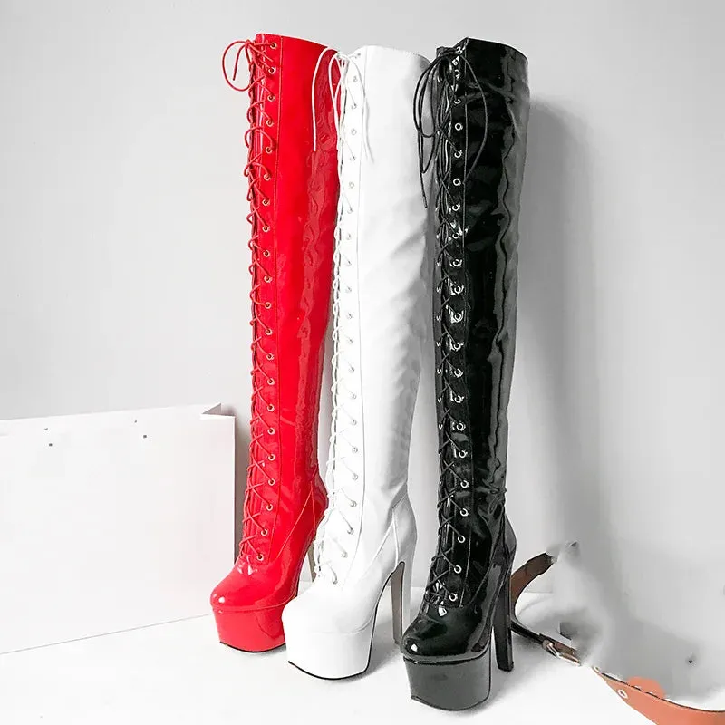 Punk Style Patent Leather Over the Knee Boots with Spike Heels for Women - Lace-up Sexy Pole Dance Shoes