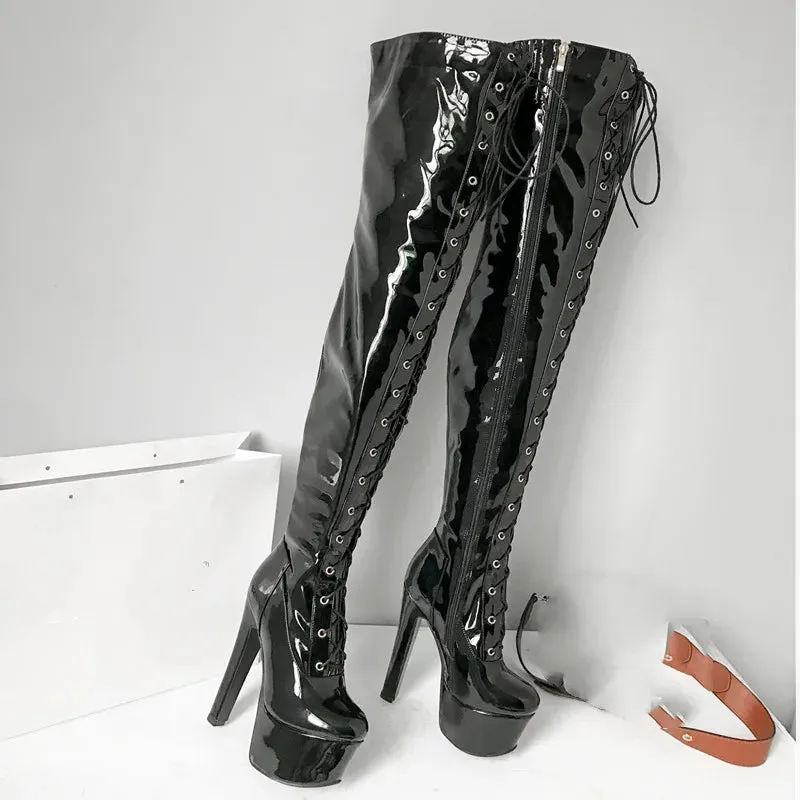 Punk Style Patent Leather Over the Knee Boots with Spike Heels for Women - Lace-up Sexy Pole Dance Shoes