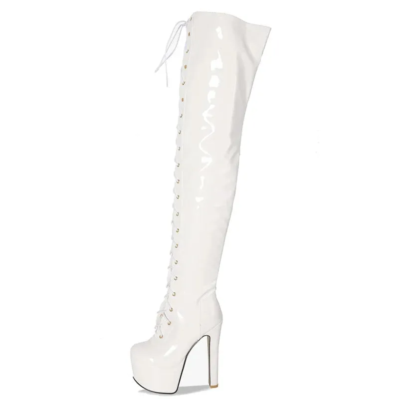 Punk Style Patent Leather Over the Knee Boots with Spike Heels for Women - Lace-up Sexy Pole Dance Shoes