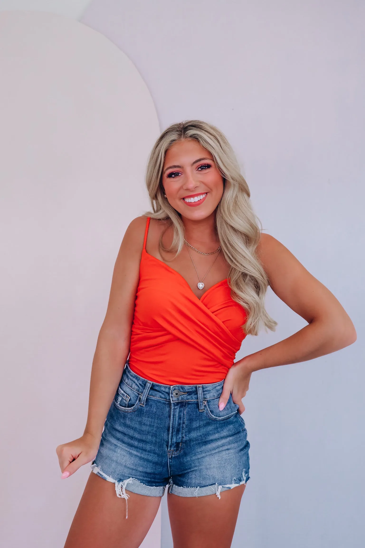 Simply Surplice Wrap Front Bodysuit - Red Orange