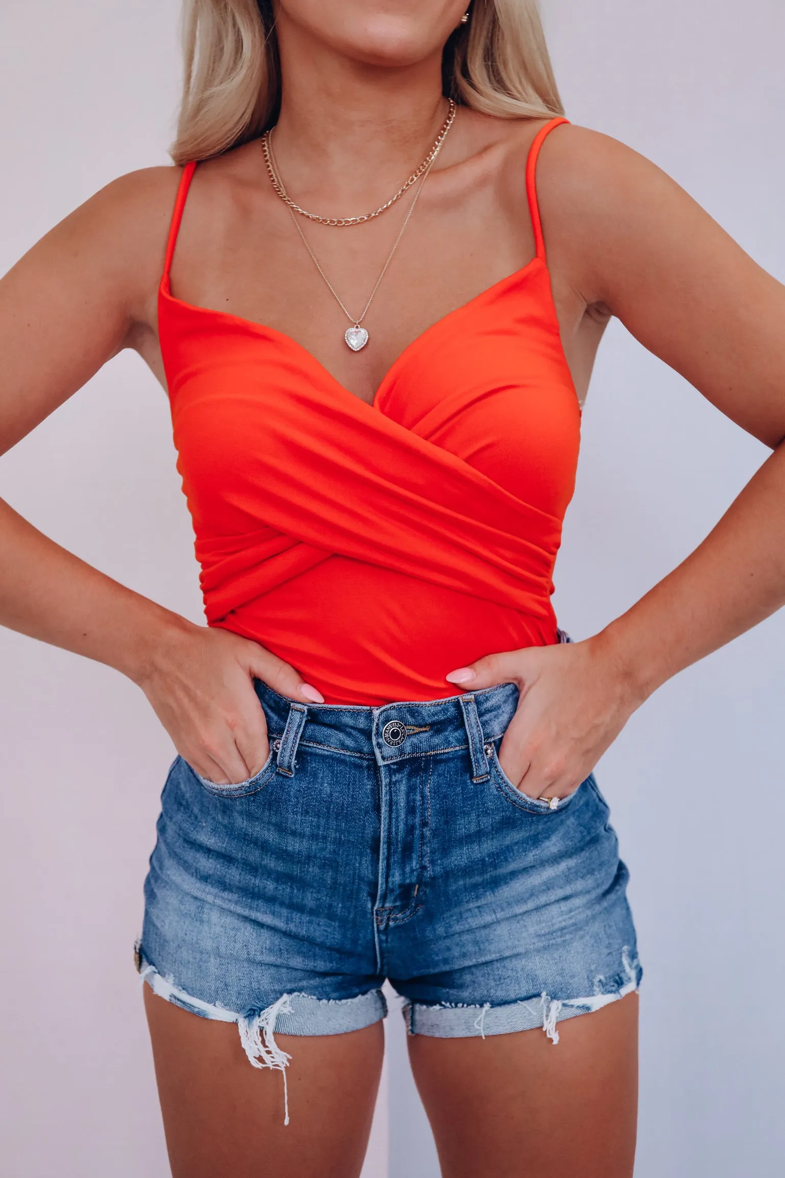 Simply Surplice Wrap Front Bodysuit - Red Orange