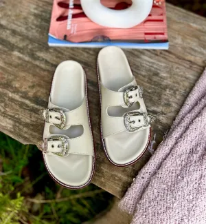 Taylor White Silver Buckle Sandals