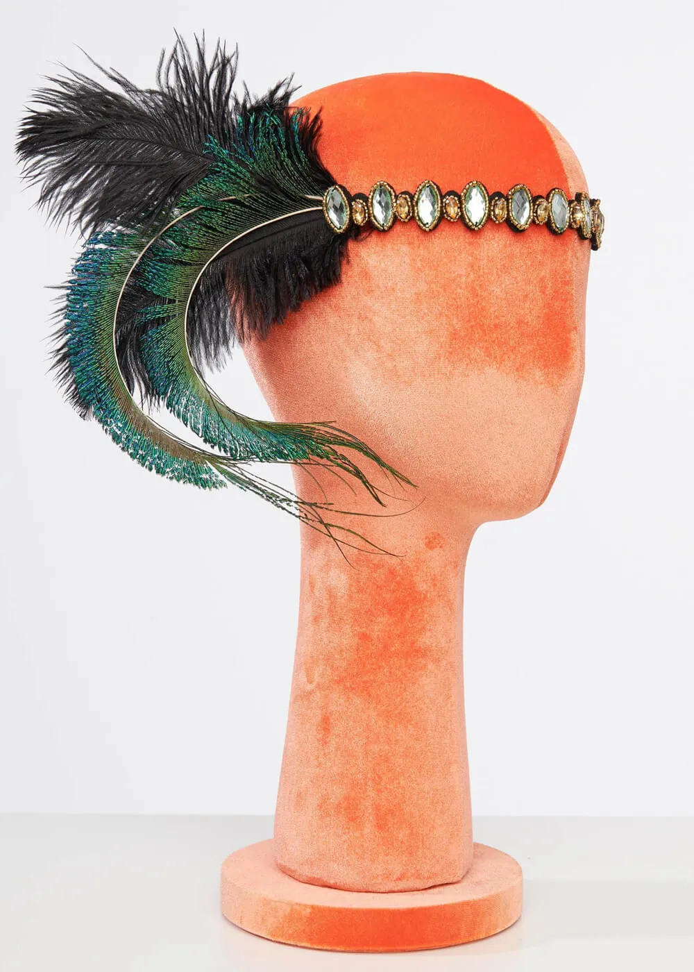 Unique Vintage Flapper Peacock Feather Headband Emerald Silver