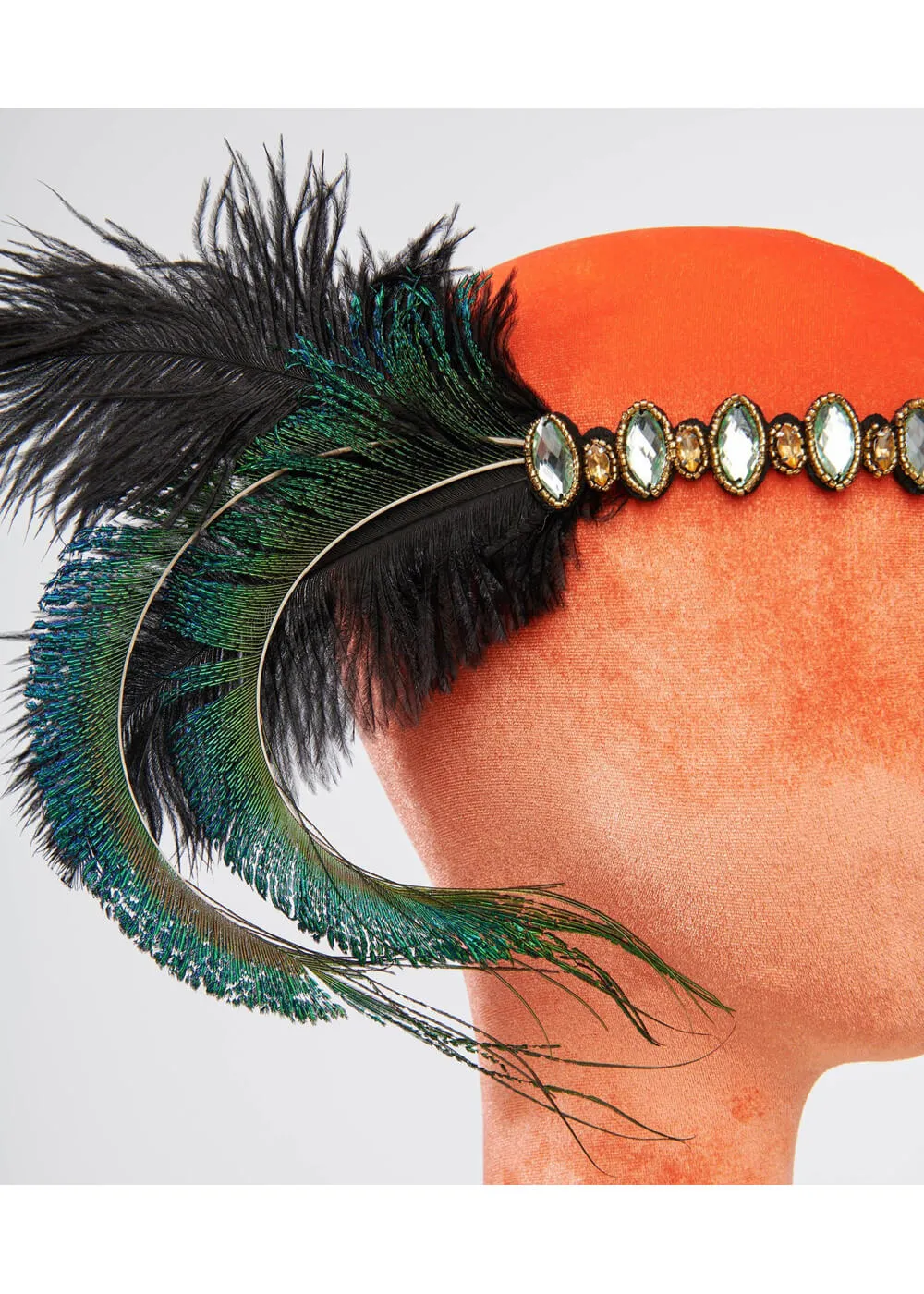 Unique Vintage Flapper Peacock Feather Headband Emerald Silver
