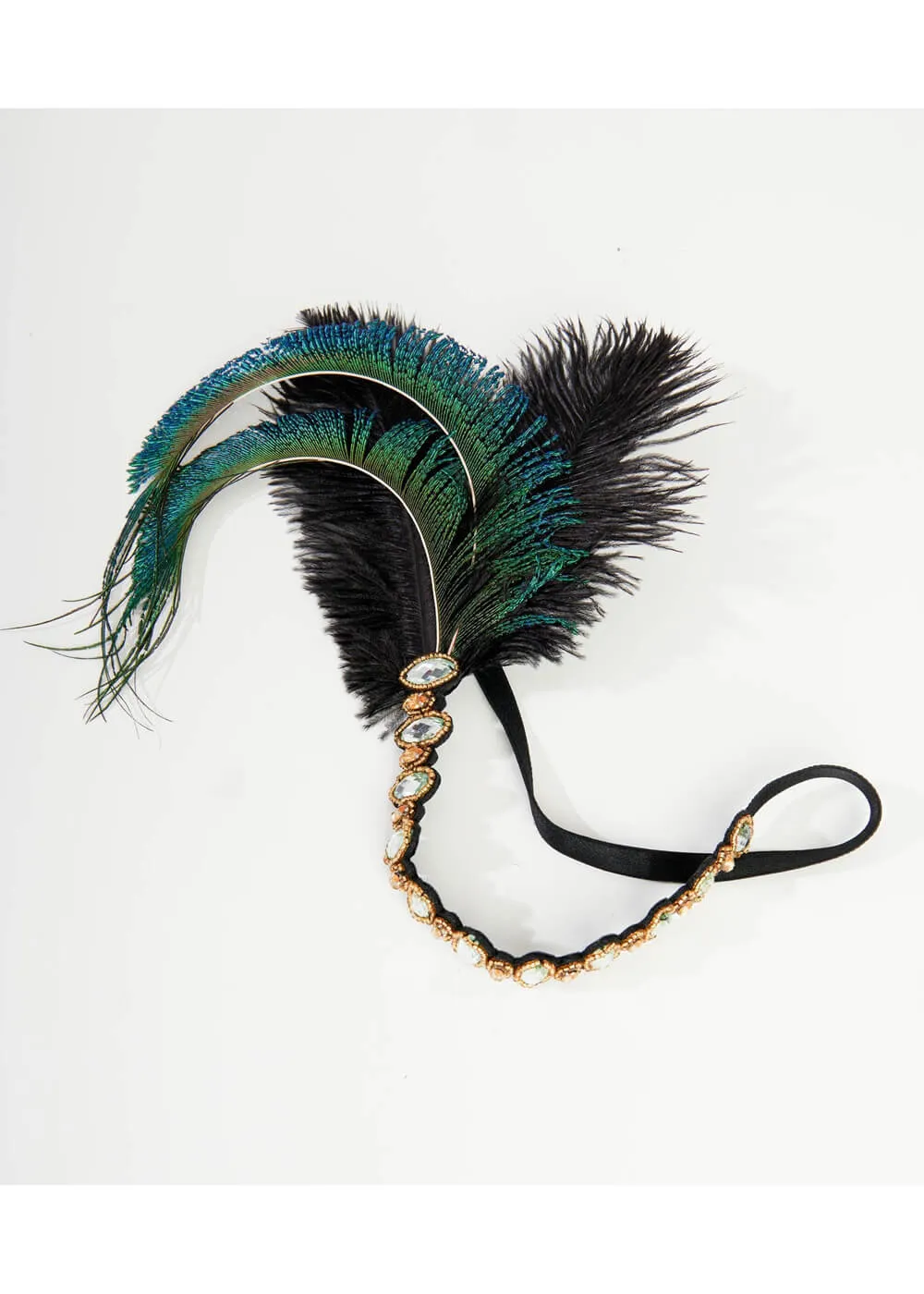 Unique Vintage Flapper Peacock Feather Headband Emerald Silver